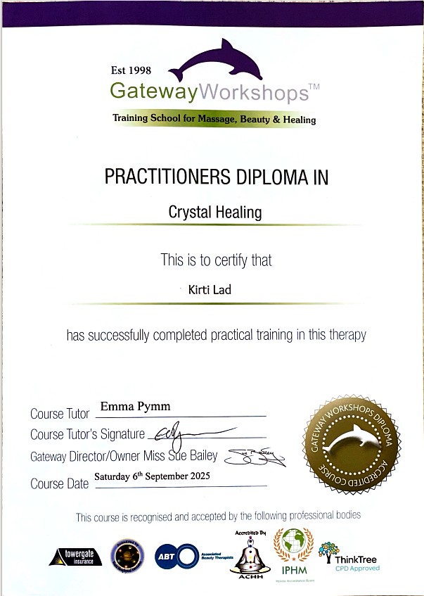 Crystal Healing Practitioner Diploma awarded to Kirti Lad