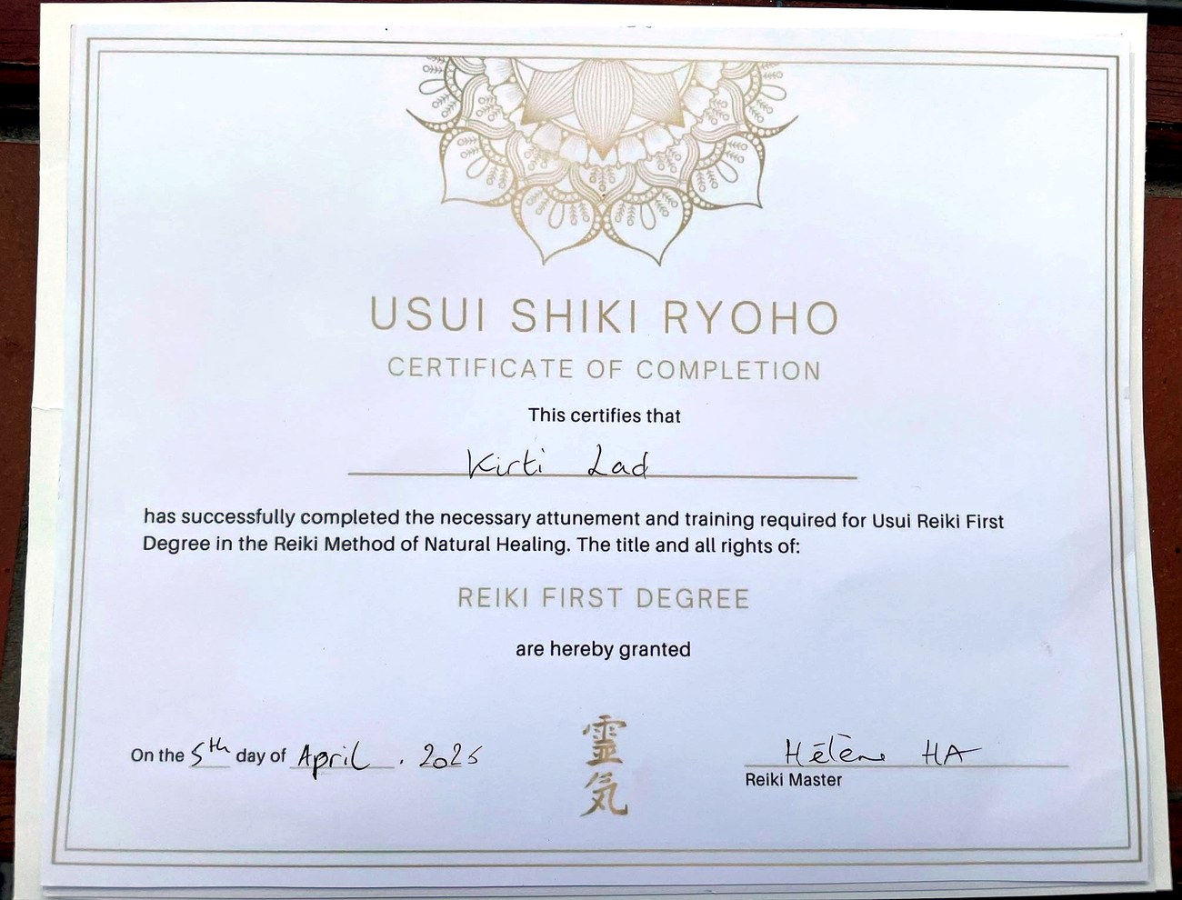 Usui Reiki Level 1 certificate awarded to Kirti Lad