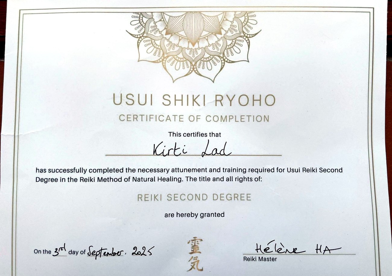 Usui Reiki Level 2 certificate awarded to Kirti Lad