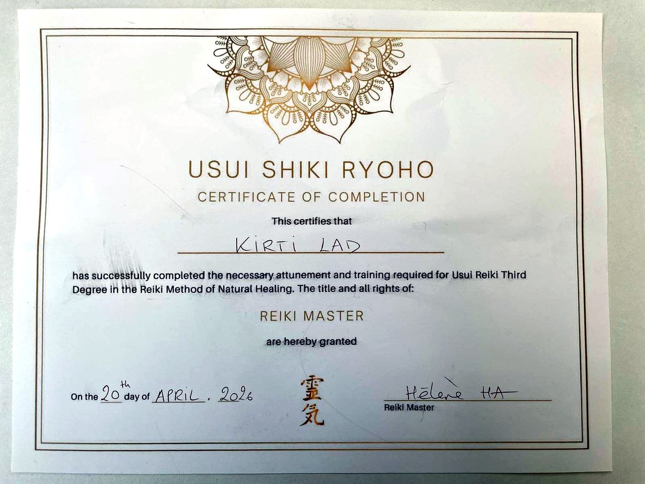 Usui Reiki Master certificate awarded to Kirti Lad